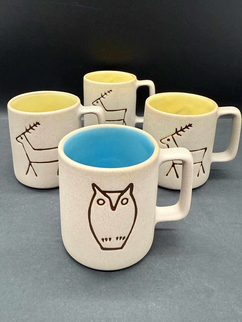 Vintage Pigeon Forge Pottery Coffee Teacup Mug Owl Deer Blue Yellow Set of 4